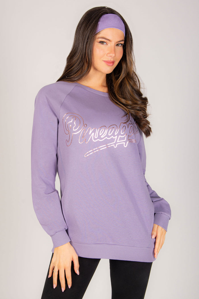 Women's purple off shoulder oversized sweat top with headband, 80's inspired dance top with two pockets