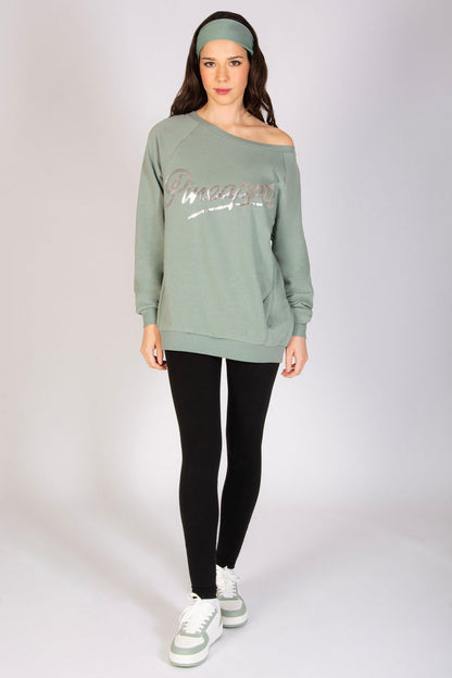 Women's mint colour sweat top with pockets and off shoulder design.