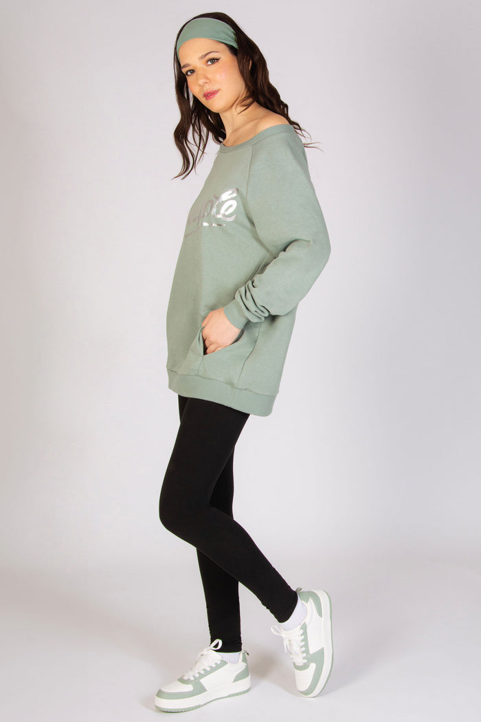 Women's mint colour sweat top with pockets and off shoulder design.