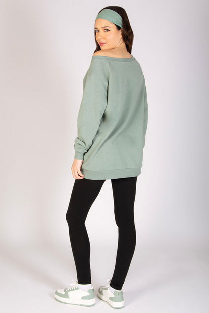 Pineapple oversized sweater with off shoulder design in sage light green colour way.