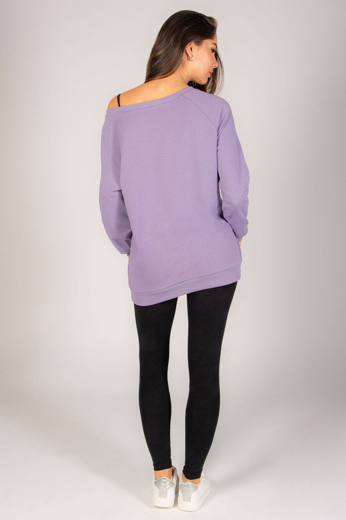 Light purple super oversized sweat top for women made out of soft cotton-rich fabric.