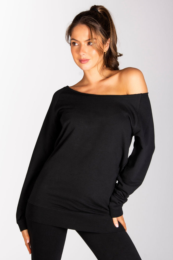 Women's black off-shoulder long sleeve top worn by Kianna Louise