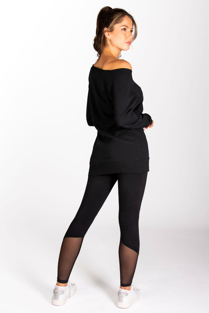 Women's black longline sweater in off shoulder style by Pineapple Dance Studios