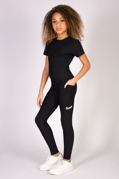 Black rib pocket leggings dsesigned for high impact workouts and active days for kids.