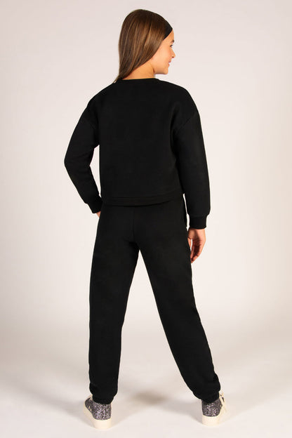 Black loungewear sweater for girls with matching basic black joggers.