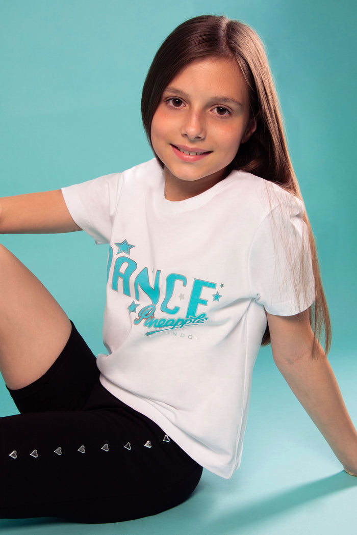 White dance t-shirt for girls featuring a turquoise London logo print.