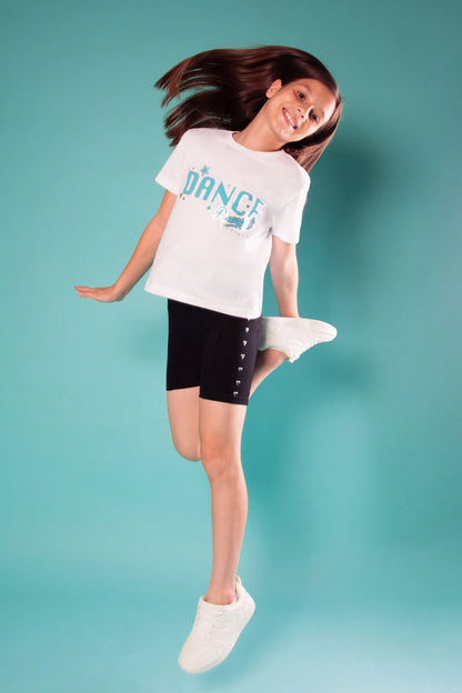 Young dancer's top in white with light blue 'DANCE' print across the chest.