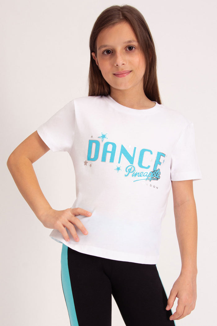 Kids' white and blue dance top featuring silver foil stars.