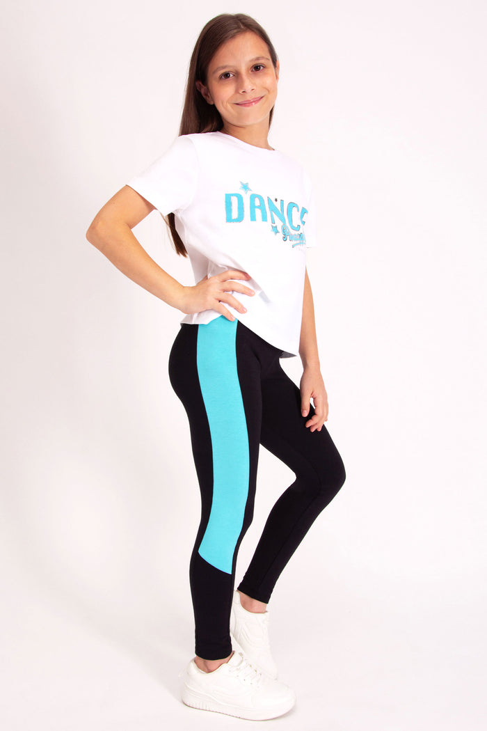 Girls' white tee with turquoise 'DANCE' print at the front.