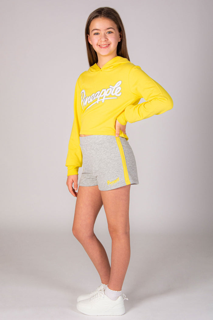 Yellow easter hoodie for girls with matching yellow panel sweat shorts in marl grey.
