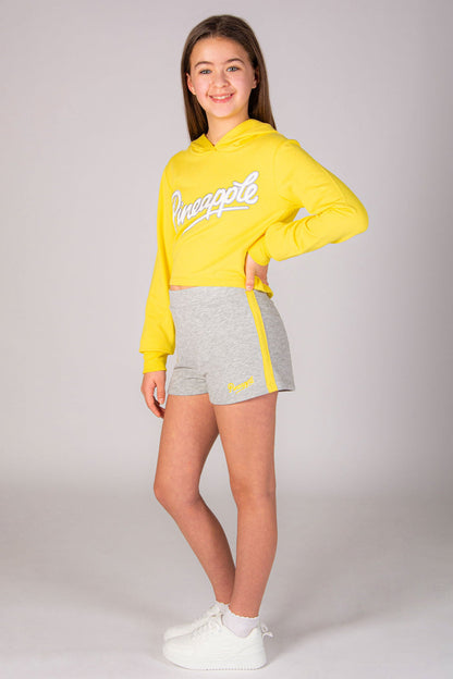 Yellow easter hoodie for girls with matching yellow panel sweat shorts in marl grey.