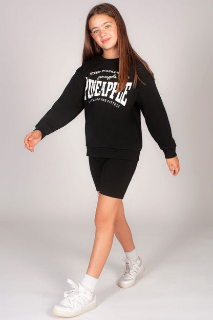 Girls' black sweater with white Pineapple logo chest print.