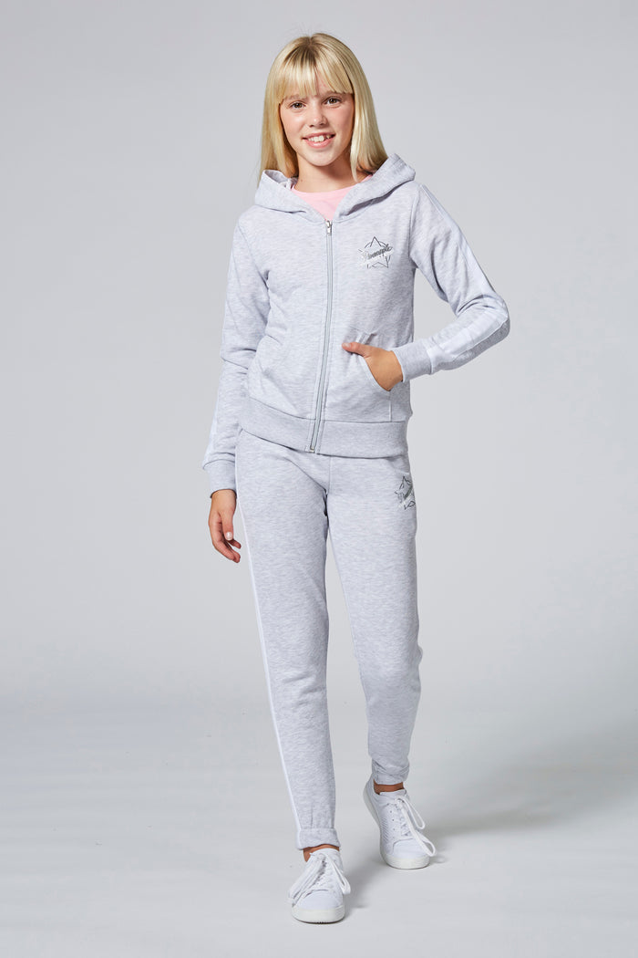 Girl wearing Pineapple X The Next Step Grey Joggers and Zip Hoodie Coord