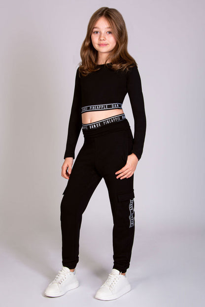 Girls' black cargo joggers with pockets designed by Pineapple Dance Studios