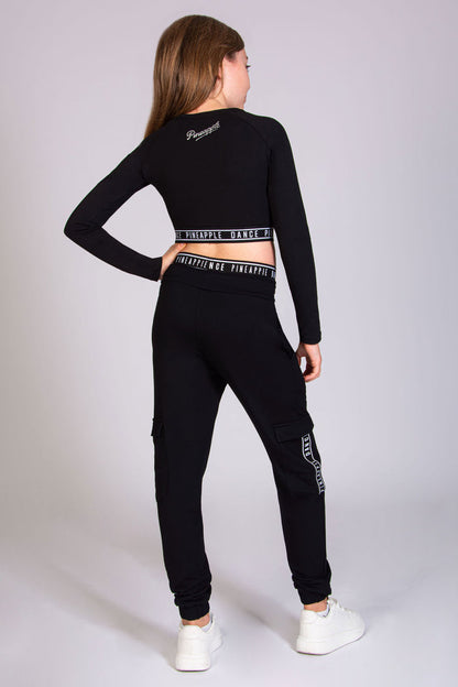 Black cargo joggers for kids, perfect for any dance class or sport activity designed by Pineapple Dance Studios.