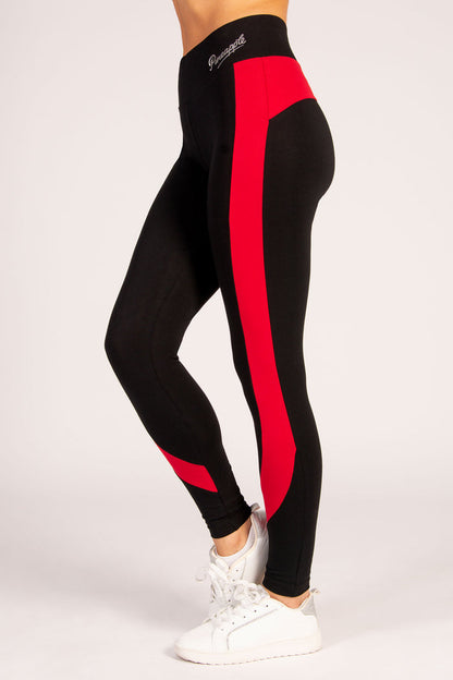 Black cotton leggings with red panelling on the side, perfect for any low impact workout