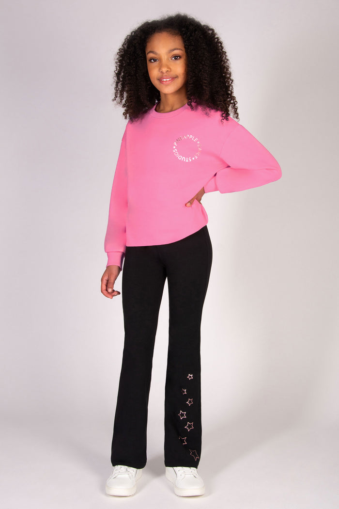 Pink baggy sweatshirt for girls with crew neck and raw edges