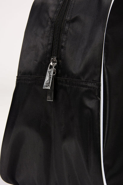Close-up of a black bag with a zipper and brand tag on a white background