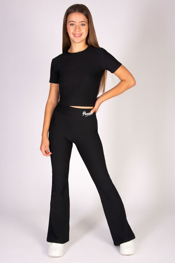 Girls' black crop t-shirt in soft yet durable rib fabric designed for high imact workouts.
