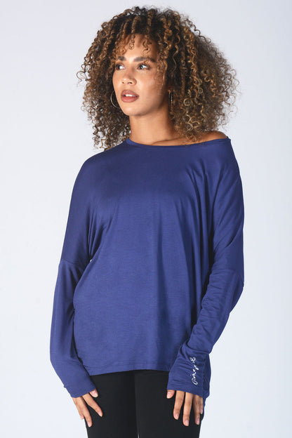 Woman wearing Pineapple navy Script Long Sleeve T-Shirt