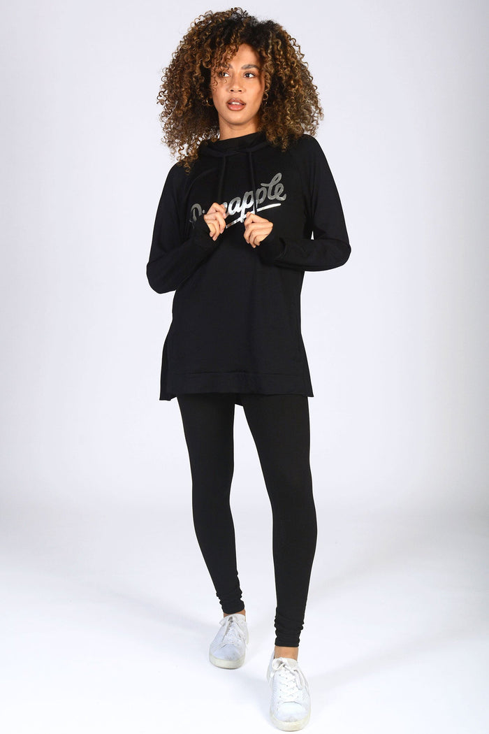 Pineapple monochrome look complete with black side slit hoodie and mesh panel leggings