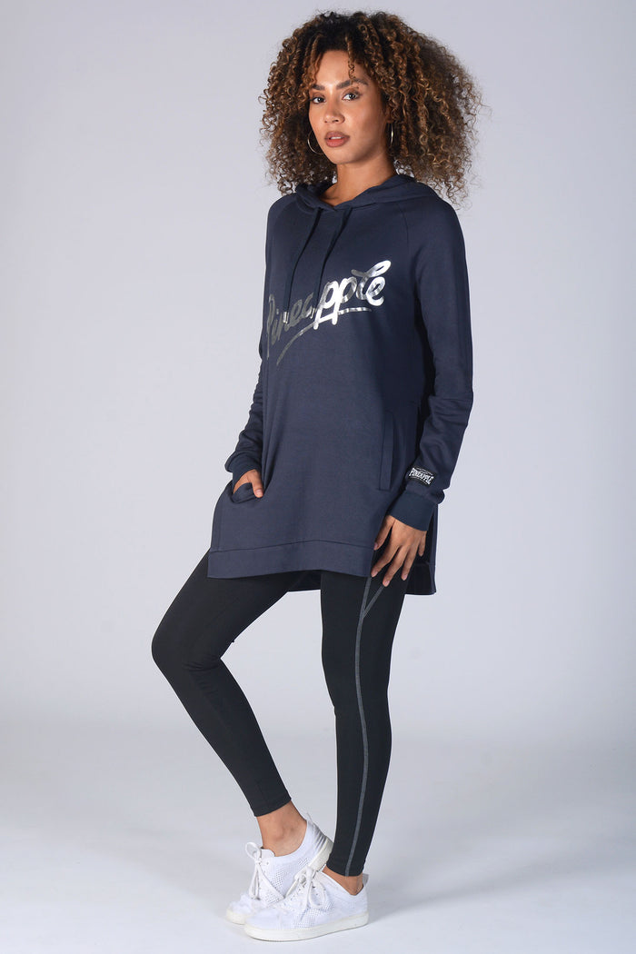 Woman wearing charcoal Side Slit Hoodie with pockets and black leggings
