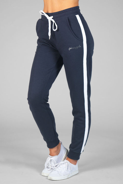Woman wearing Pineapple Charcoal Stripe Skinny Joggers