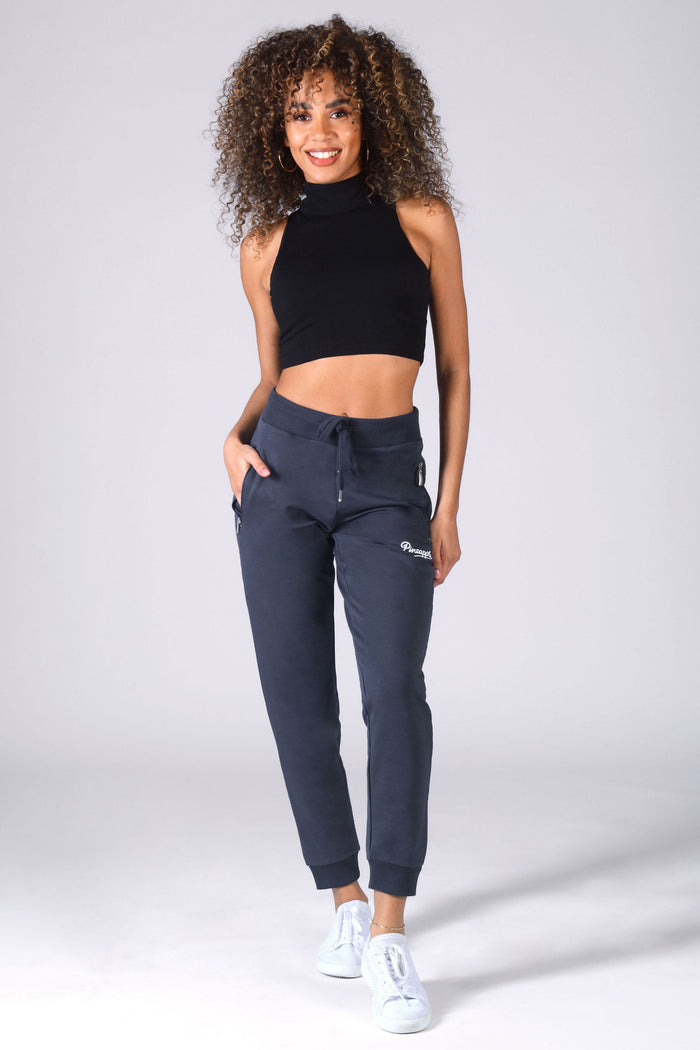 Women's Skinny Zip Joggers in dark grey colour featuring a zip pocket and adjustable drawstring
