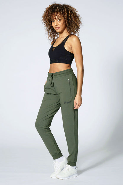 Woman wearing Khaki Skinny Zip Trousers
