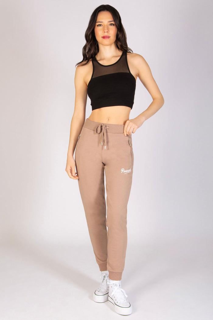 Mocha cotton joggers for women with side zip pockets and drawcord elasticated waistband