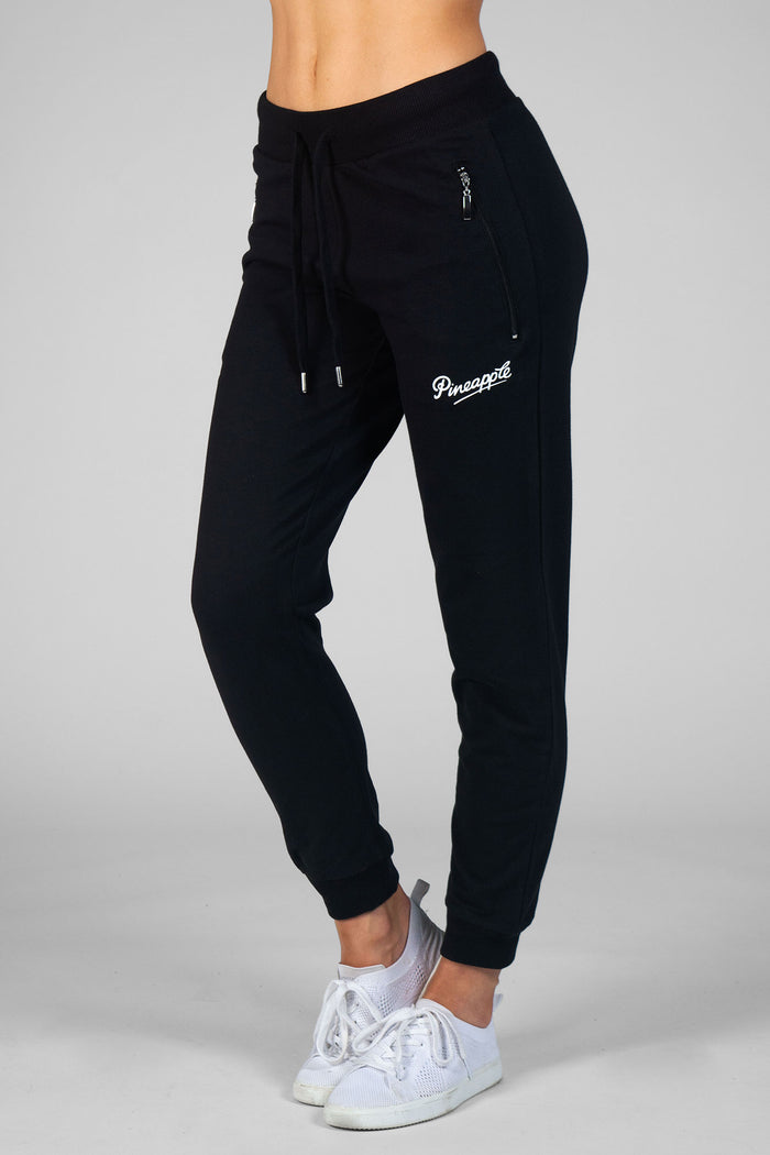 Woman wearing Pineapple black Zip Skinny Joggers