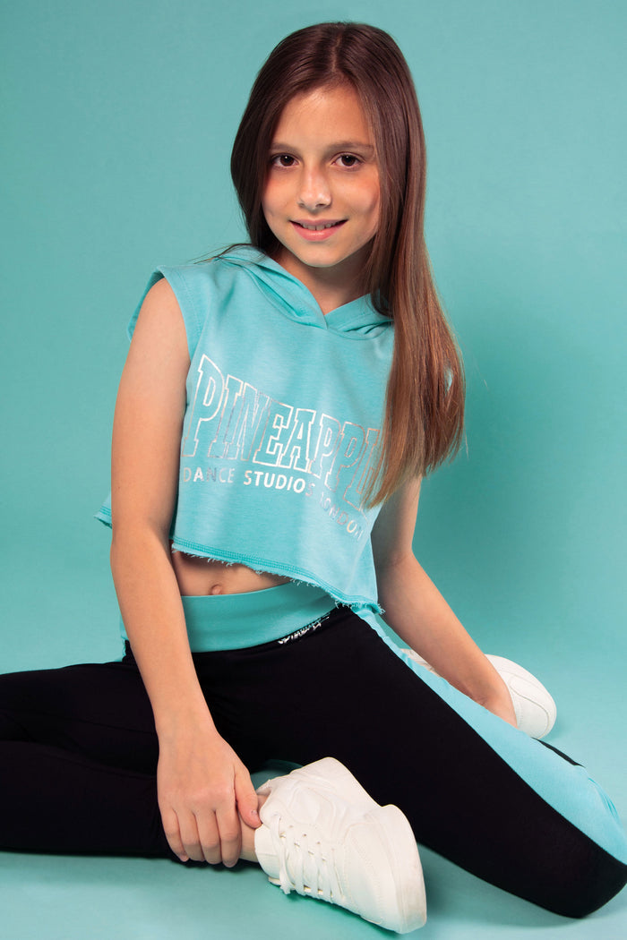 Girls' sleeveless crop hoodie in turquoise with Pineapple Dance London Logo print