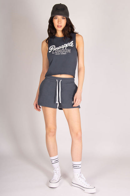 Women's crop vest top in dark grey 100% cotton fabric with Pineapple London Covent Garden print across the chest.