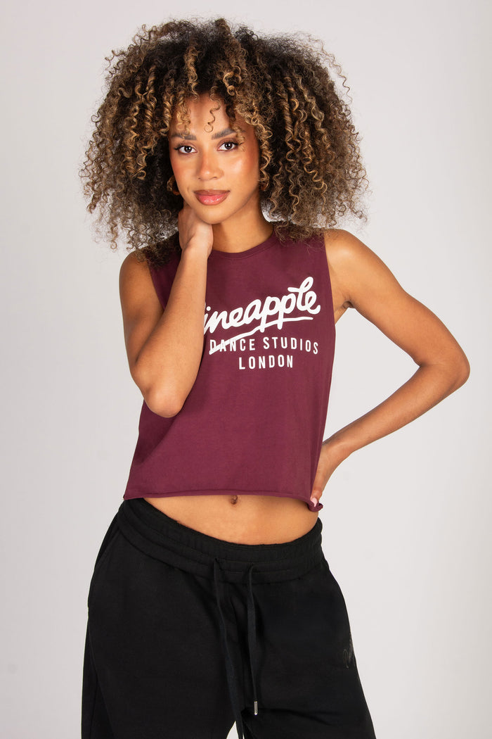 Women's burgundy crop vest in retro raw edge hem