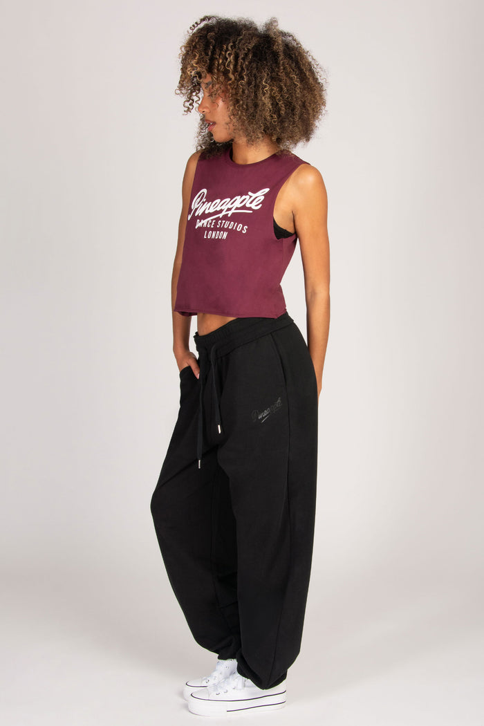 Pineapple Dance Studios burgundy retro crop vest with raw edge hem