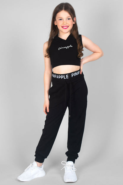 Girl wearing black Sleeveless Hoodie and black Double Trackpants