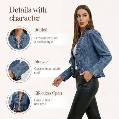üß• LIMITED-TIME 49% OFF! ‚ú® Women's Denim Jacket ‚Äì Open-Front, Ruffle Trim, Lightweight, Classic Wash ‚ú®