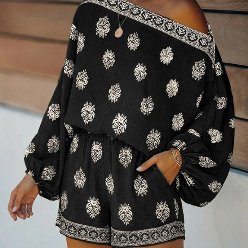 ‚ú® Bohemian Off-Shoulder Jumpsuit Set ‚Äì Vintage Print, Vacation, Relaxed ‚ú®