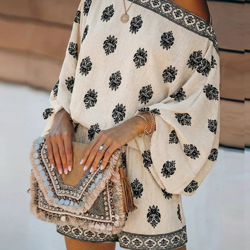 ‚ú® Bohemian Off-Shoulder Jumpsuit Set ‚Äì Vintage Print, Vacation, Relaxed ‚ú®