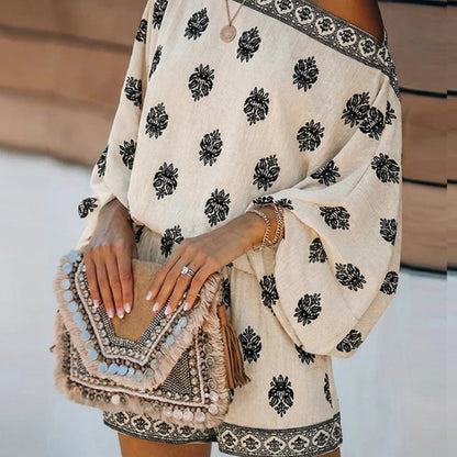 ‚ú® Bohemian Off-Shoulder Jumpsuit Set ‚Äì Vintage Print, Vacation, Relaxed ‚ú®