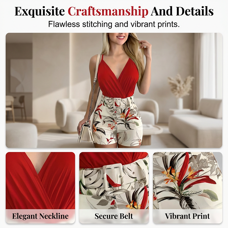 üíñ40% OFF !! ‚è∞ V-Neck & High-Waist Shorts Set ‚Äì Tropical Print, 2-Piece Vacation Outfitüåü