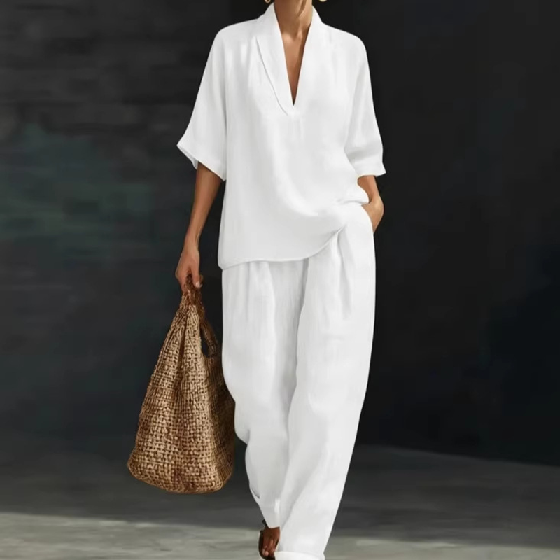 üì¢üì¢40% OFF !! ‚è∞Women's Casual V-Neck Top and Wide-Leg Trousers Setüëöüëñ