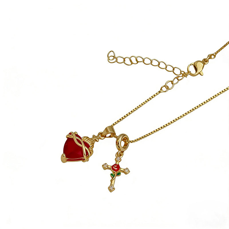 üíñSacred Heart & Rose Cross Pendant Necklace