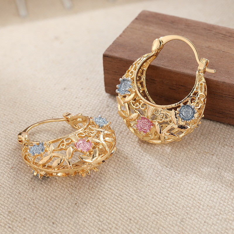 üì¢üì¢30% OFF !! ‚è∞ Gold-Plated Crescent Hoop Earrings with Enamel Flowers