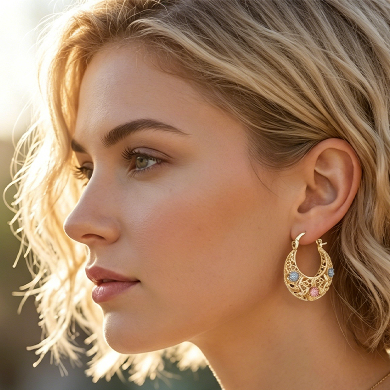 üì¢üì¢30% OFF !! ‚è∞ Gold-Plated Crescent Hoop Earrings with Enamel Flowers