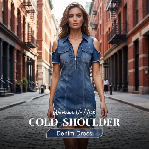 Women's Cold-Shoulder Denim Dress ‚Äì V-Neck, Flowy, Boho üåº