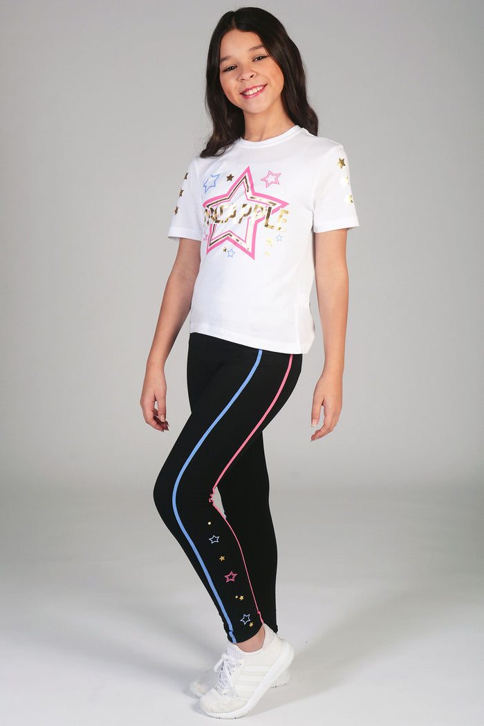 Girls' black leggings with blue and pink piping and star print