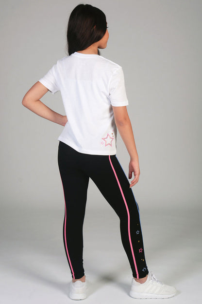Black star piping leggings from Pineapple with white crop t-shirt for girls