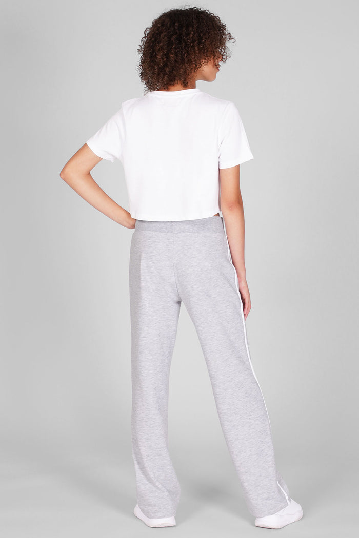 Girl wearing Grey Straight Leg Joggers and white cropped T-Shirt