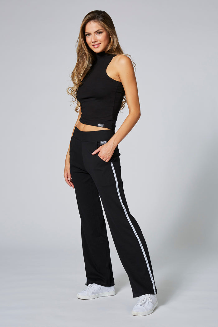 Woman wearing Black Straight Leg Stripe Trousers
